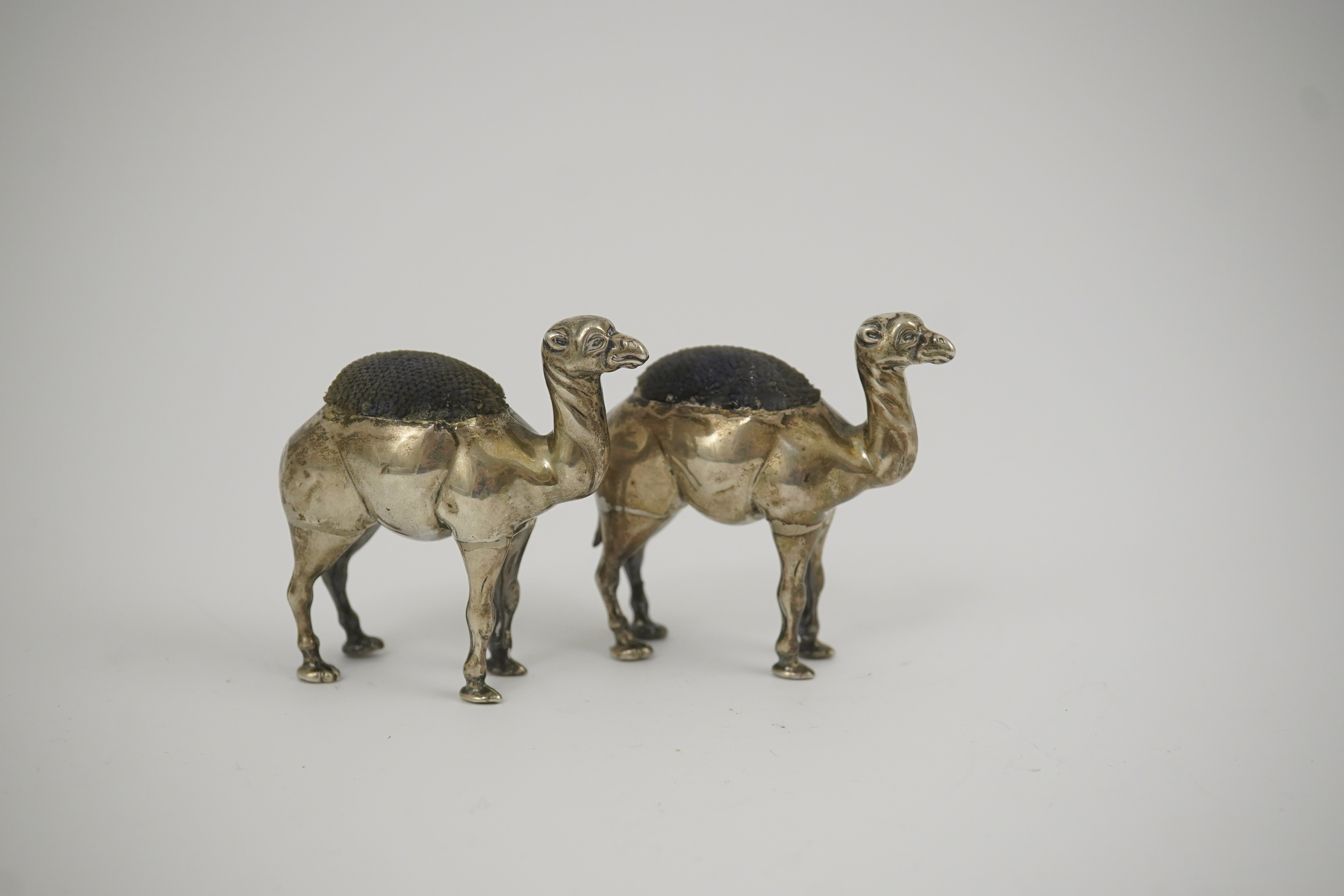 A pair of Edwardian novelty silver pin cushions, each modelled as a camel